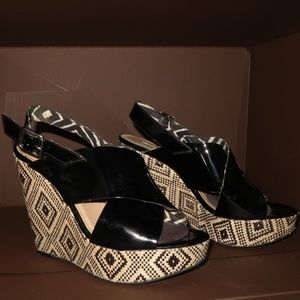 BCBGeneration Black Wide Strap Wedge Sandal